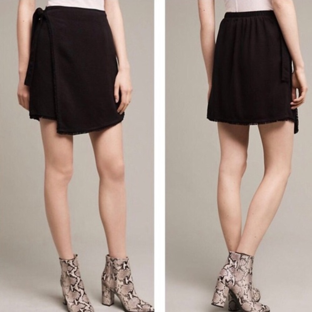 Anthropologie Black Frayed Hem Wrap Skirt